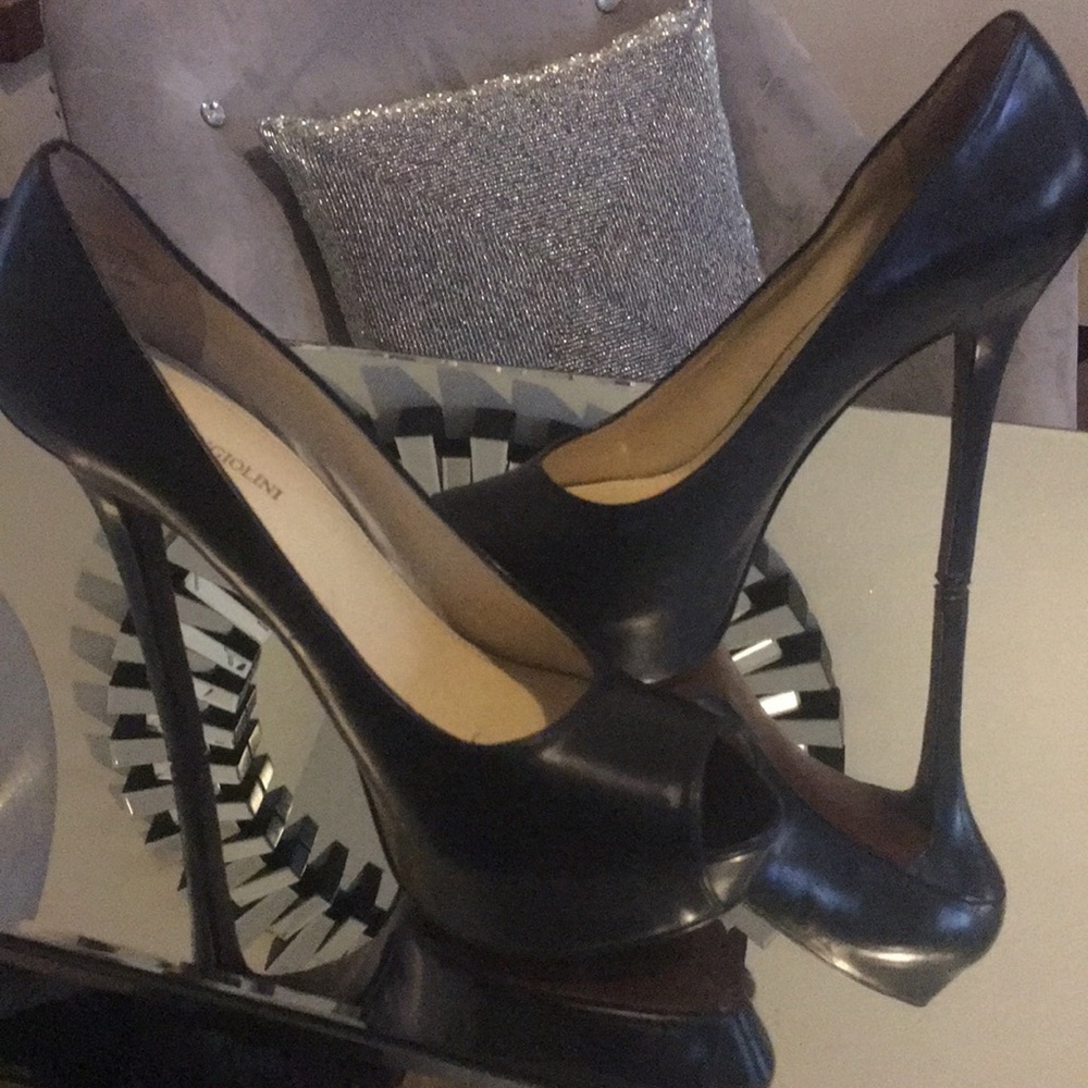 Black Enzo peep toe platform heels